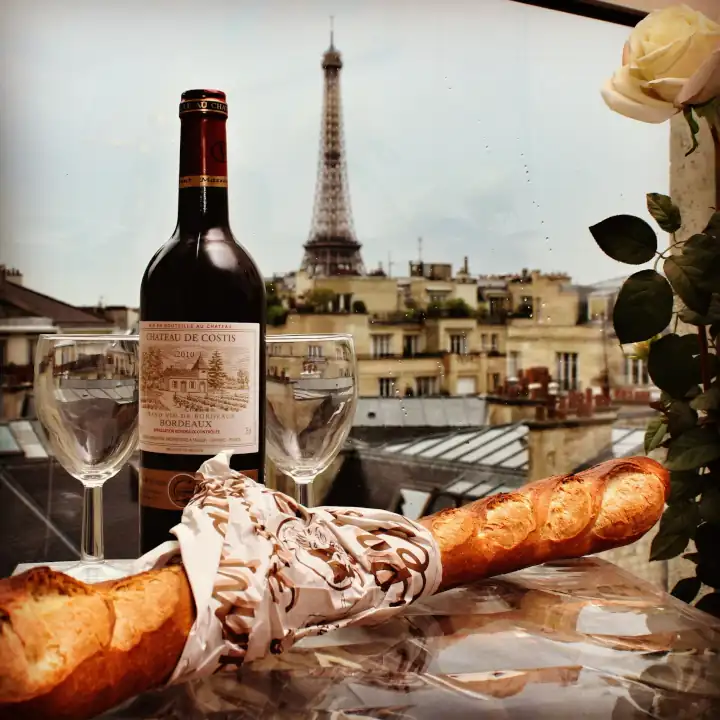 French Dish With Baguette And Wine